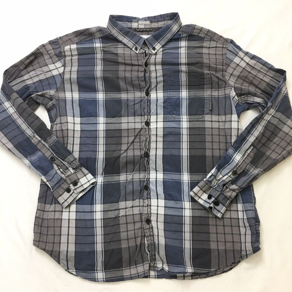 COLUMBIA FLANNEL Shirt Men XL Reg Fit Slate Gray Blue Plaid BD Long Sleeve